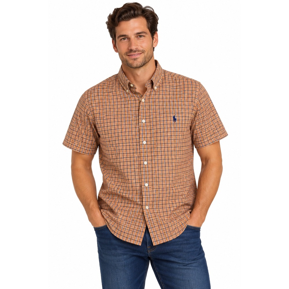 Polo Ralph Lauren Mens Medium Orange Green Plaid Short Sleeve Button Down Shirt